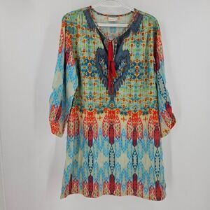 Kyla Seo Ikat Tunic Top Blue Red Medallion Tassel Tie 3/4 Sleeve Boho Size S